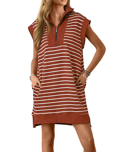 Wenrine Womens Striped Zipper Collar V Neck Loose Knit Summer Mini Dress