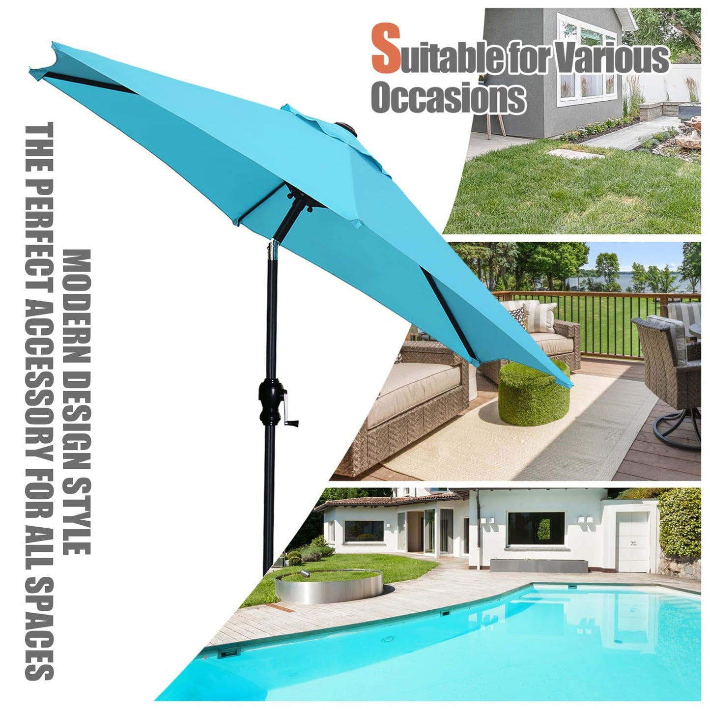 GDY 7.5ft Tassel Patio Umbrella and Matching Base, Outdoor Table Umbrella with 18 LED Lights,Market Umbrella with 6 Sturdy Ribs, with Push Button Tilt and Crank, Bright White
