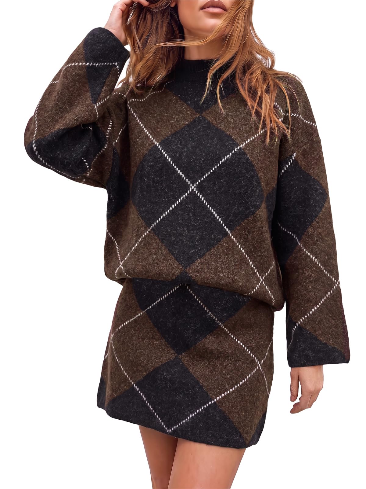 Cicy Bell Women Mock Neck Argyle Sweater 2 Piece Outfits Mini Skirt Sets