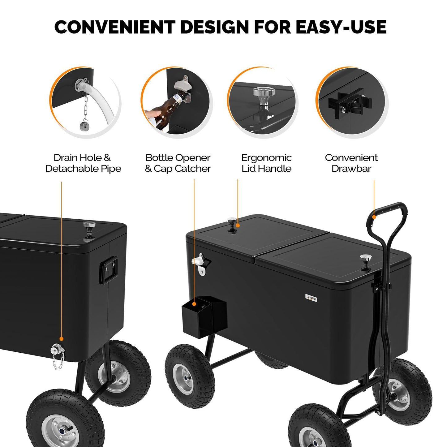 VINGLI 80 Quart Wagon Rolling Cooler Ice Chest, w/Long Handle and 10" Wheels, Portable Beach Patio Party Bar Cold Drink Beverage, Outdoor Park Cart on Wheels