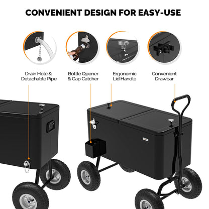 VINGLI 80 Quart Wagon Rolling Cooler Ice Chest, w/Long Handle and 10" Wheels, Portable Beach Patio Party Bar Cold Drink Beverage, Outdoor Park Cart on Wheels