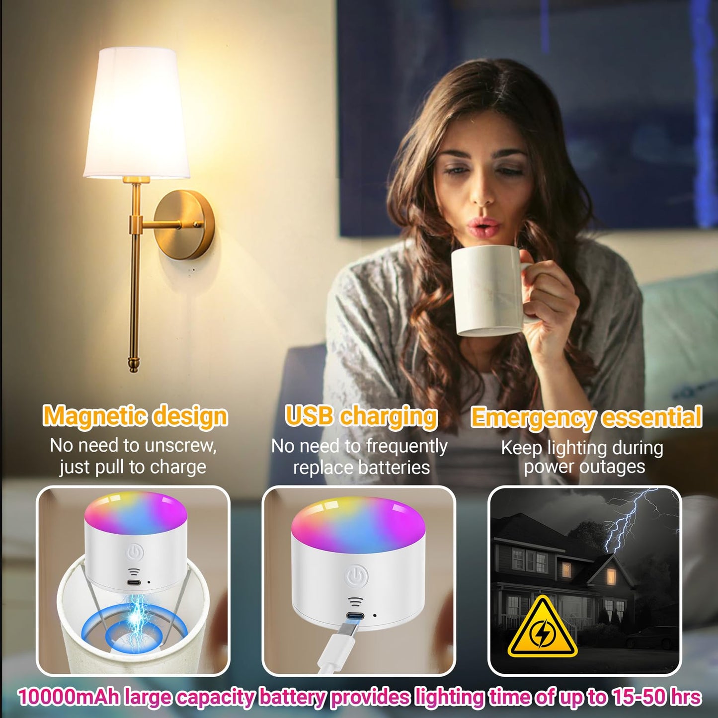 YHCDLAMP Battery Operated Wall Sconce Light with Remote Control, Dimmable Wall Sconce Set of 2 with White Fabric Shade, Wireless Battery Operated Wall Lamp for Bedroom Living Room, Bulb Included