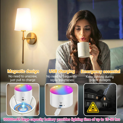 YHCDLAMP Battery Operated Wall Sconce Light with Remote Control, Dimmable Wall Sconce Set of 2 with White Fabric Shade, Wireless Battery Operated Wall Lamp for Bedroom Living Room, Bulb Included