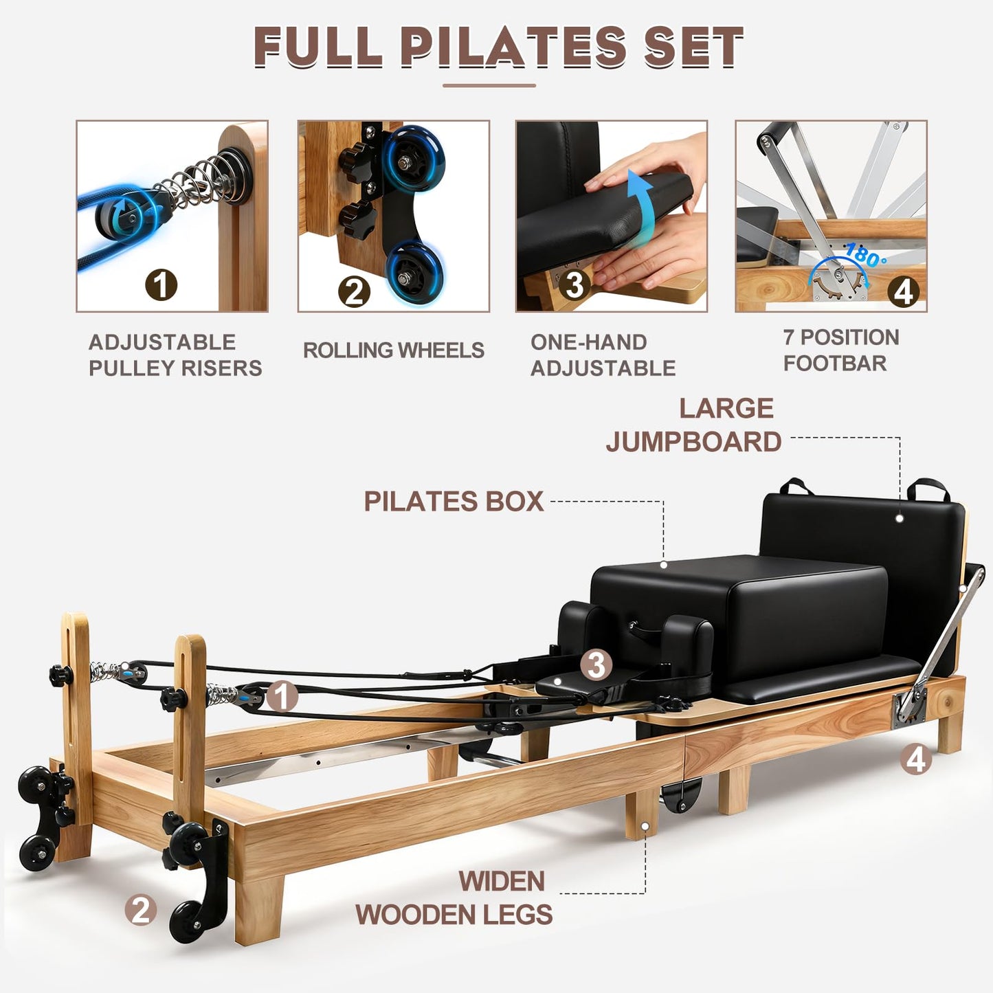 Pilates Reformer Machine, Foldable Oak Wood Pilates Reformer, Studio-Grade Pilates Equipment, 5-Spring Resistance Pilates Trainer, Home Gym Pilates Machine, Full Body Workout Pilates Reformer