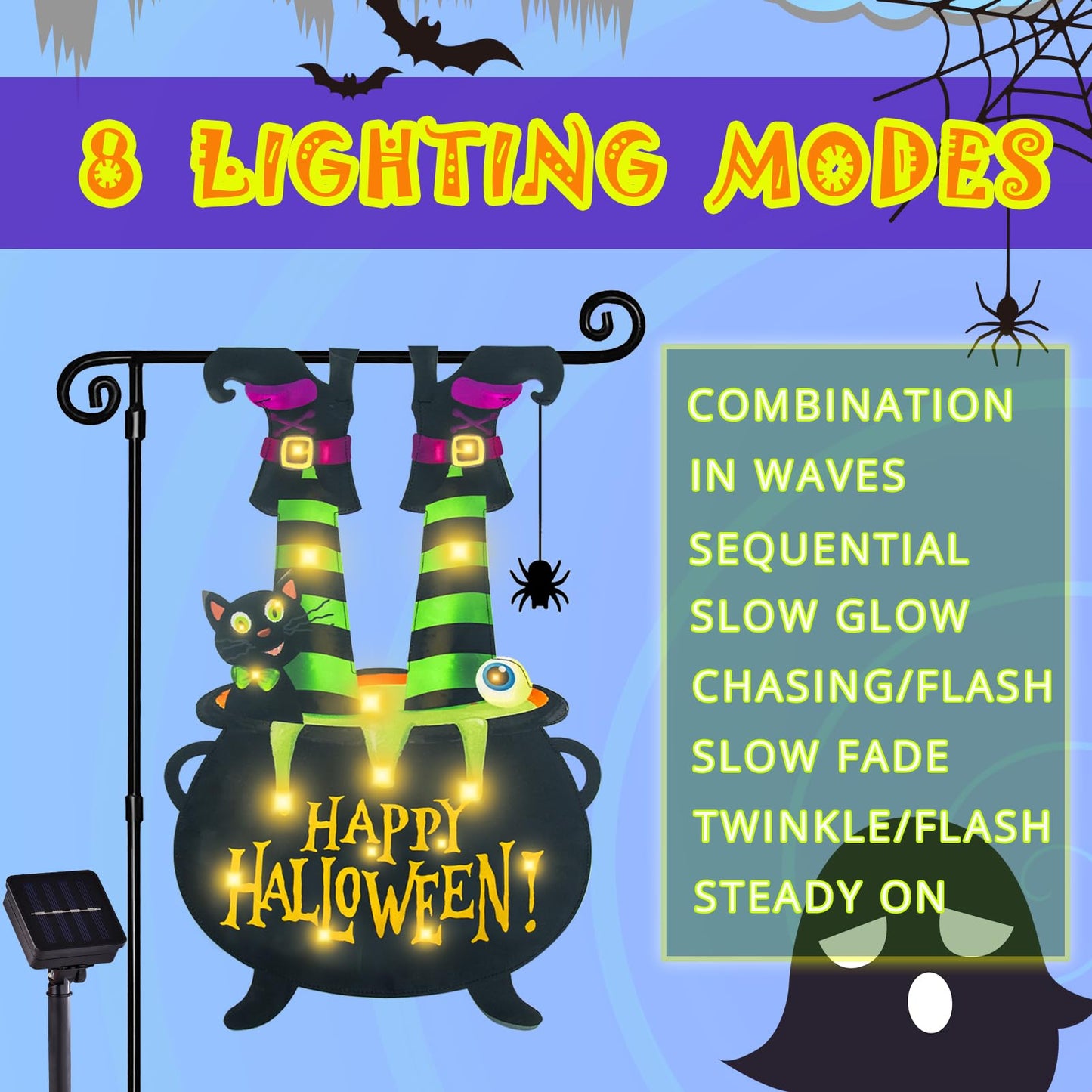 Halloween Lighted Garden Flag for Outside, Led Solar Yard Flag 8 Modes Witch Feet Shape Flag, 28x40 Double Sided Cauldron Eyeball Black Cat Decorations for Home Porch