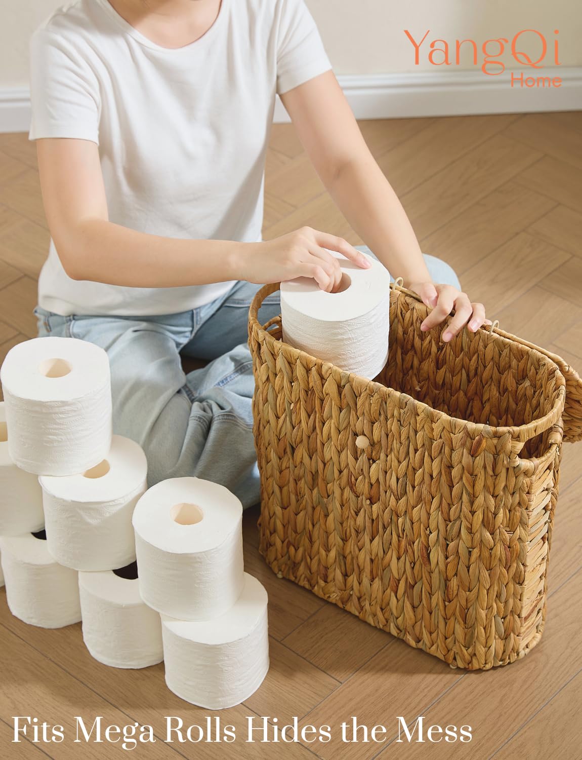 YANGQIHOME Toilet Paper Storage, Water Hyacinth Toilet Paper Storage with Lid, Papers Container for up to 9 Mega Rolls, Bathroom Basket Organizer