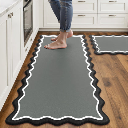 Arenarug Upgrade Scalloped Embossed Kitchen Mats for Floor 2PCS Cushioned Anti Fatigue Waterproof Foam Kitchen Rugs Non Slip Washable Comfort Standing Mat for Office Sink Laundry, Black