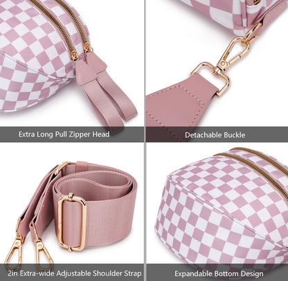 Pure Colour Crossbody Bum Bags for Women Spacious Checkered Cross body Bag Nylon Trendy Fanny Pack for Travel