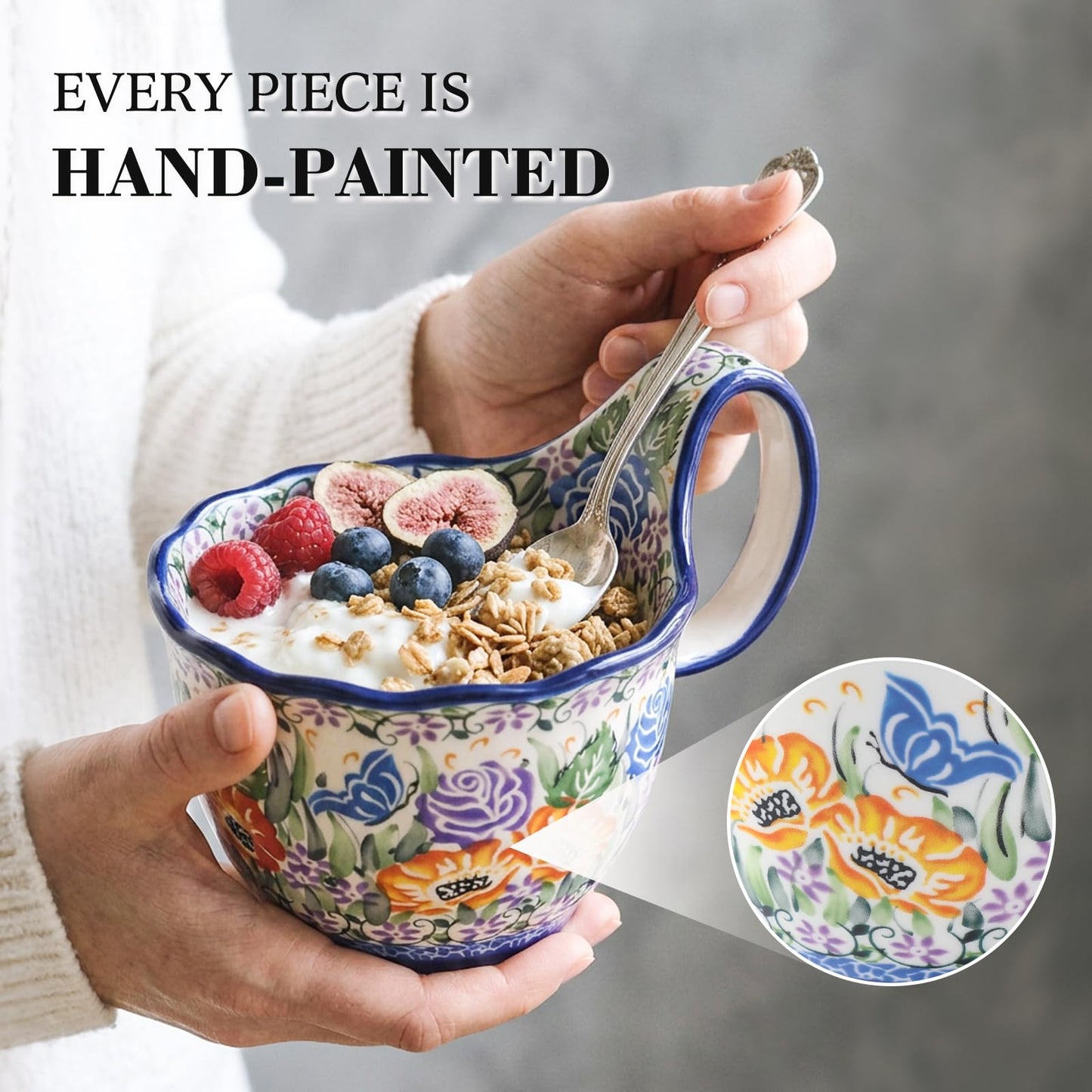 ALMA Handpainted Microwavable Soup Bowl with Loop Handle 18.6oz, Cereal Bowl With Handle Great for Berry, Fruits, Chili, Stew, Ice cream,Floral Soup Mug for Women