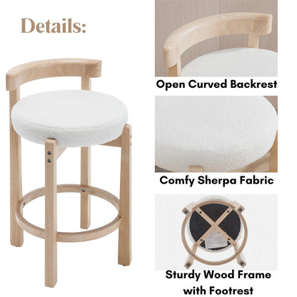 LukeAlon Mid Century Linen Counter Stools Set of 4, Upholstered 26.5” Seat Height Low Barstools with Natural Wood Legs Round Low Back Kitchen Stools with Footrest for Dining Room, Beige