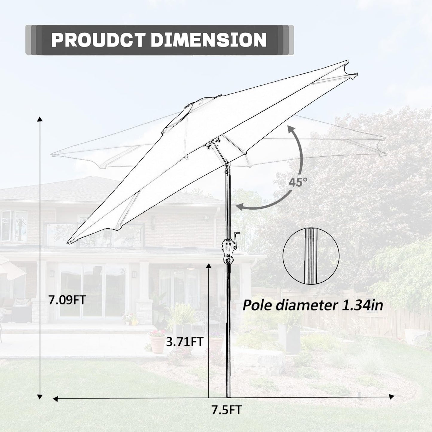 GDY 7.5ft Tassel Patio Umbrella and Matching Base, Outdoor Table Umbrella with 18 LED Lights,Market Umbrella with 6 Sturdy Ribs, with Push Button Tilt and Crank, Bright White