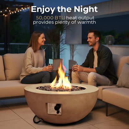 31.5 Inch Round Propane Fire Pit Table - Concrete Round Fire Bowl 50,000 BTU Natural Gas Firepit Burner with Steel Lid, Lava Rocks, Waterproof Cover for Outside Patio, Backyard, Party