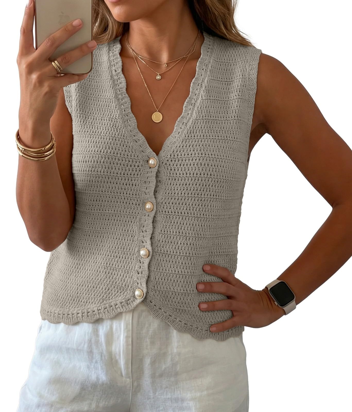 GRECERELLE Women's Summer Sleeveless V Neck Sweater Vest Knit Tank Top | Button Front Closure, Crochet Knit Design, Casual Style, Cropped Fit, Versatile Layering, for Office, Travel