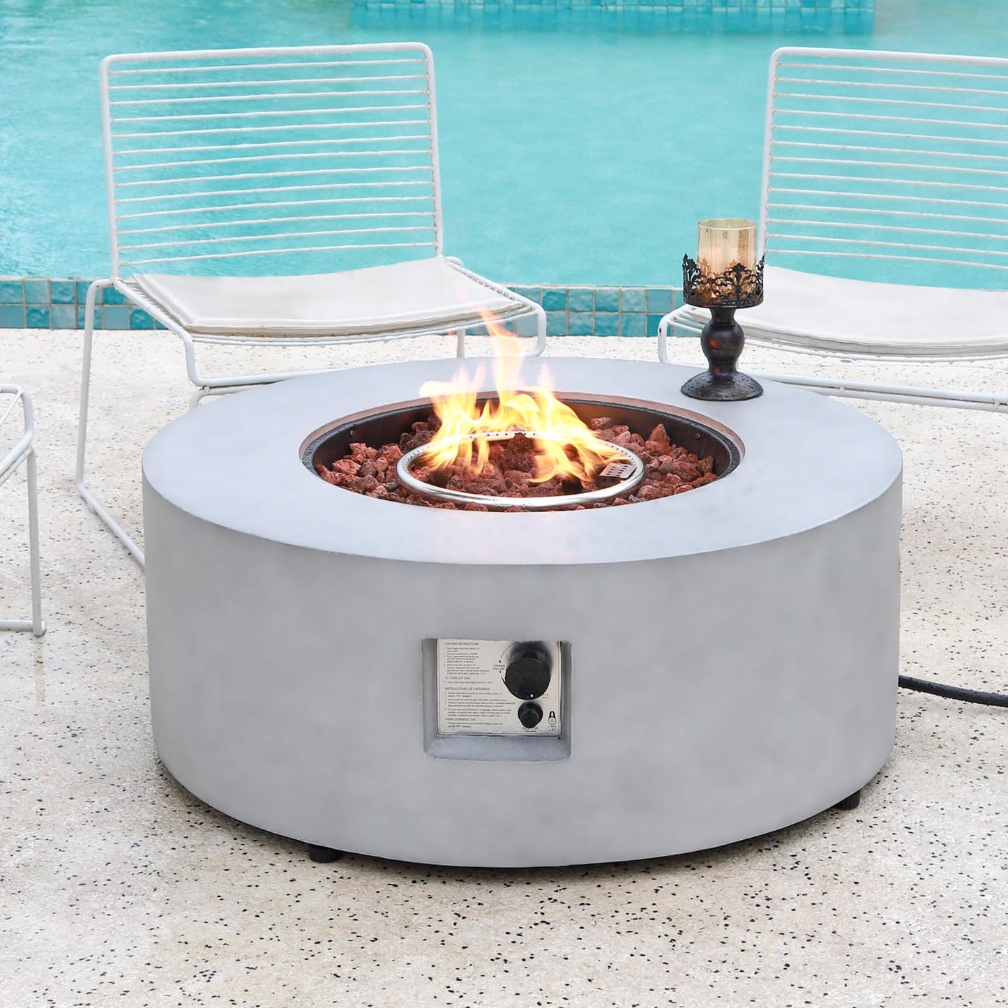 31.5 Inch Round Propane Fire Pit Table - Concrete Round Fire Bowl 50,000 BTU Natural Gas Firepit Burner with Steel Lid, Lava Rocks, Waterproof Cover for Outside Patio, Backyard, Party