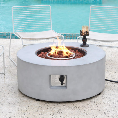 31.5 Inch Round Propane Fire Pit Table - Concrete Round Fire Bowl 50,000 BTU Natural Gas Firepit Burner with Steel Lid, Lava Rocks, Waterproof Cover for Outside Patio, Backyard, Party