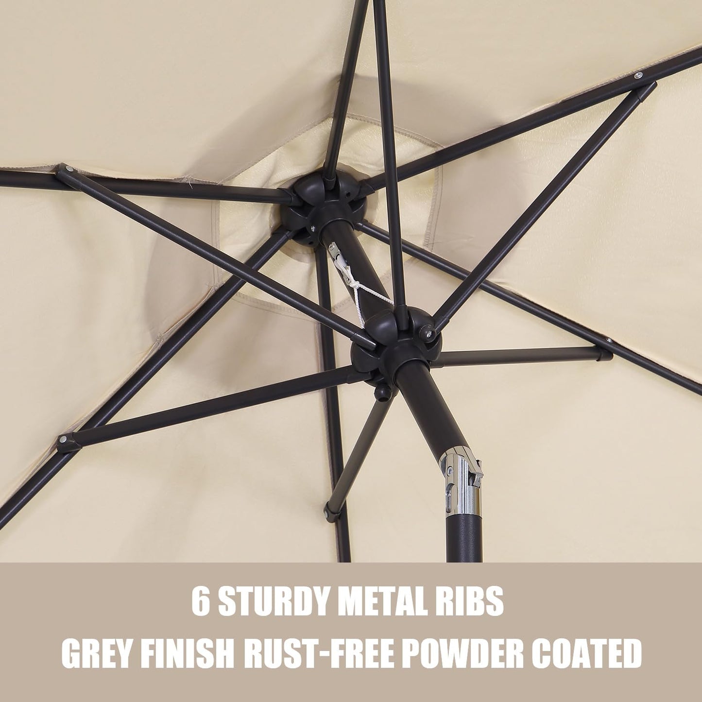 GDY 7.5ft Tassel Patio Umbrella and Matching Base, Outdoor Table Umbrella with 18 LED Lights,Market Umbrella with 6 Sturdy Ribs, with Push Button Tilt and Crank, Bright White