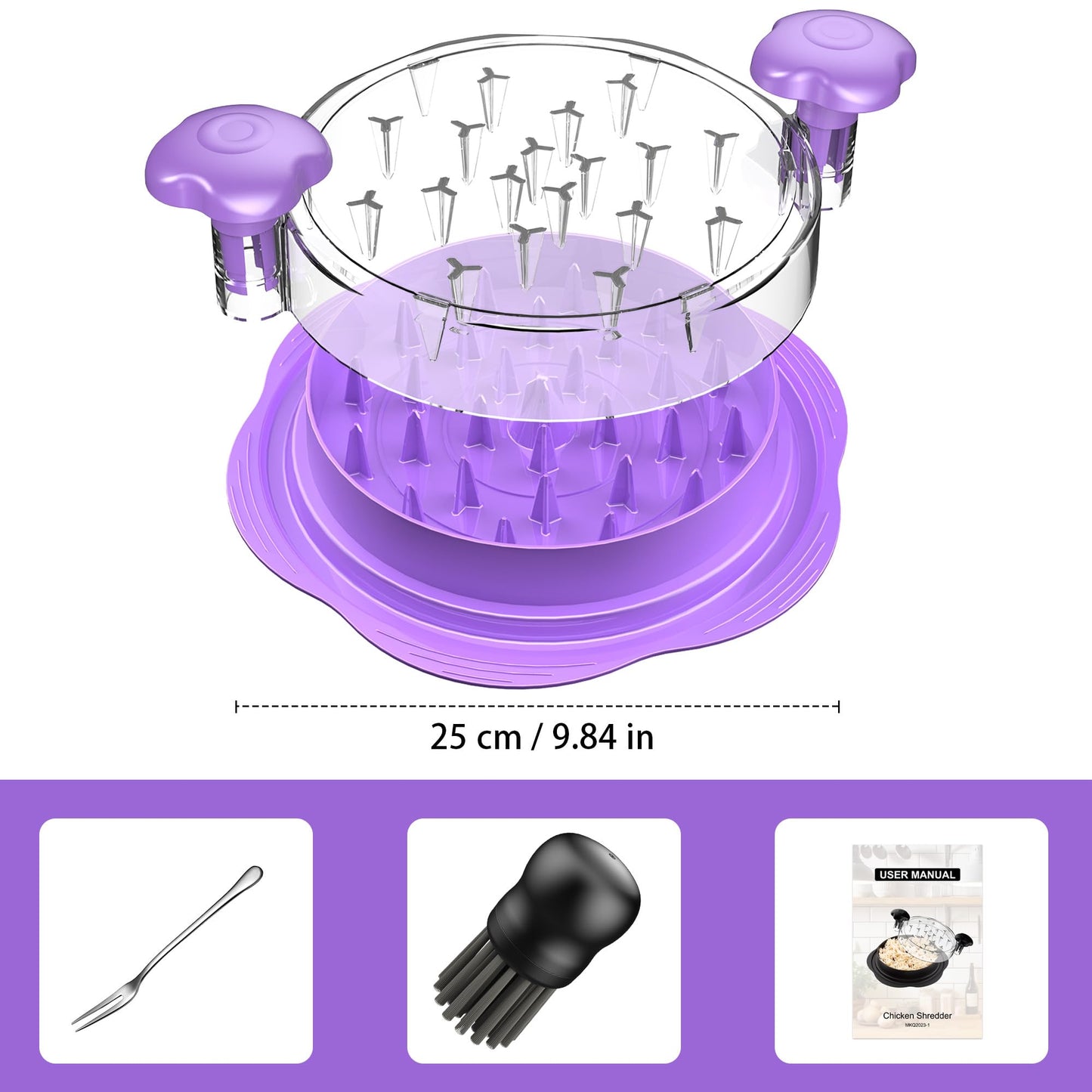 SURETIVIAN Chicken Shredder Tool Twist Large Chicken Breast Shredder with Brush&Fork, Visible Meat Shredder Machine, Anti-Slip Strip, Ergonomic Handle, BPA Free, Pork Beef Chicken(Hot Pink)