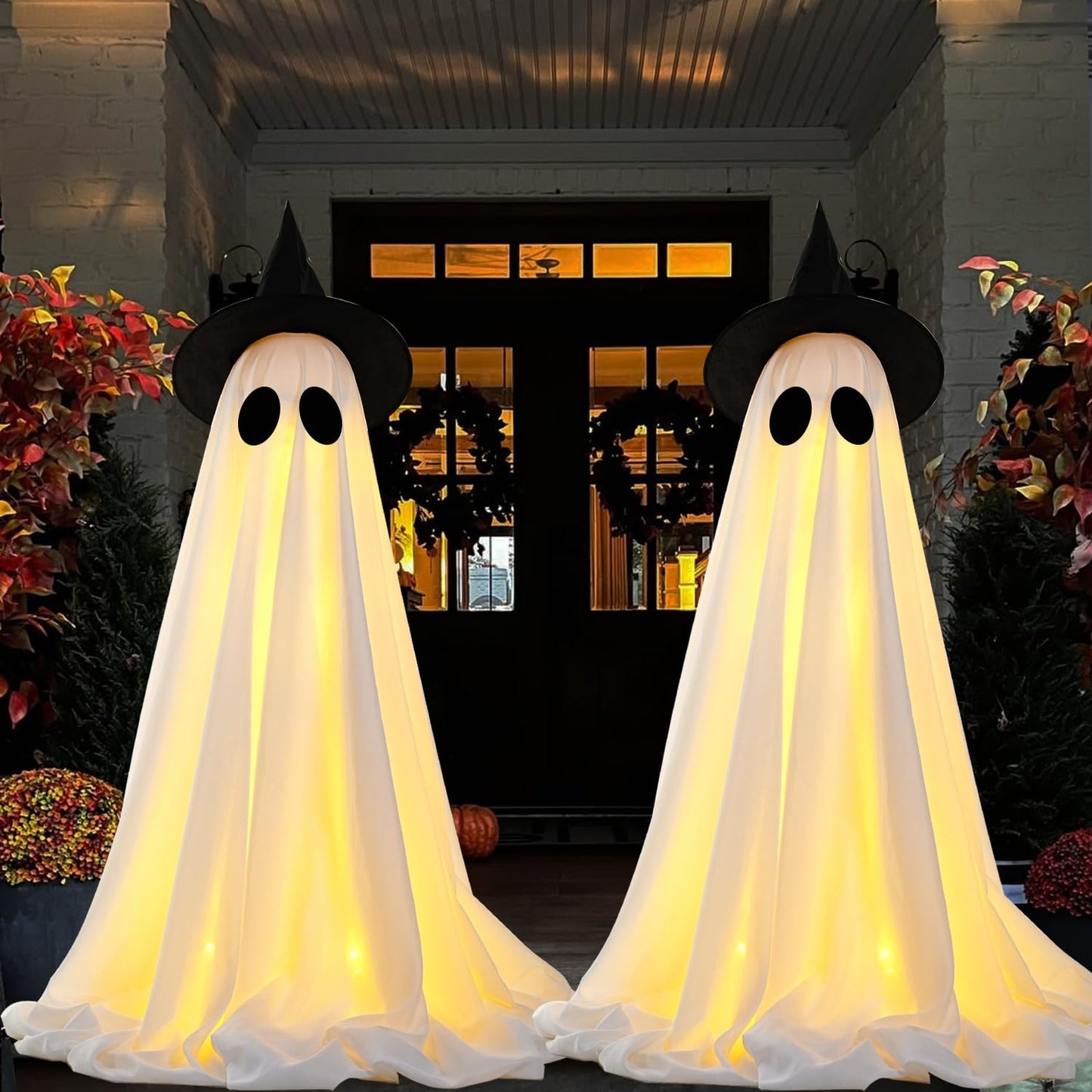 Set of 4 Halloween Hanging Ghosts, Halloween Decorations Outdoor Hanging Ghosts with Witch Hat,Glowing Ghost Witch Hat Lights, Light up Ghost Decor for Yard Patio Garden Tree Outside(4 Ghost Lighted)