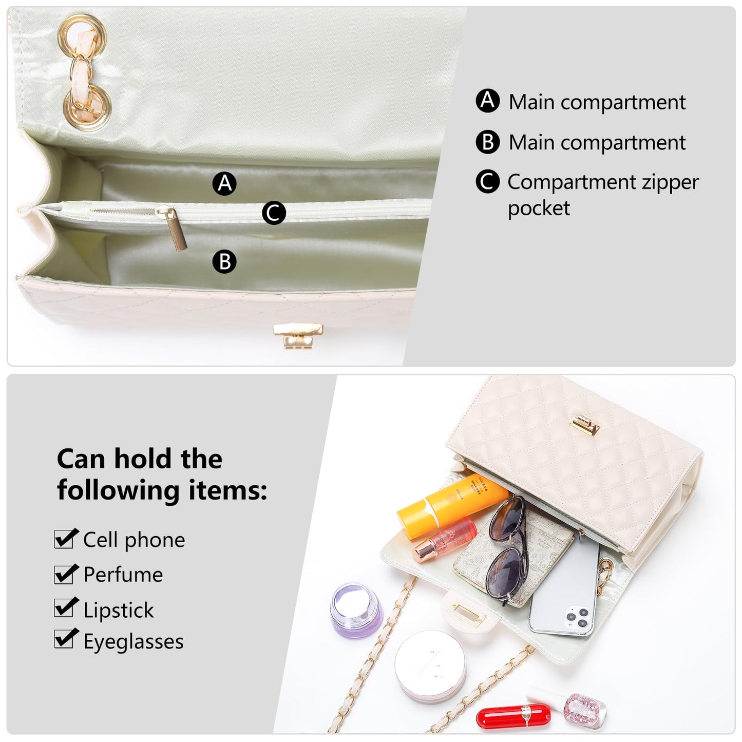 Quilted Leather Crossbody Bags for Women Trendy Ladies Shoulder Purse Satchel HandBag with Chain Strap
