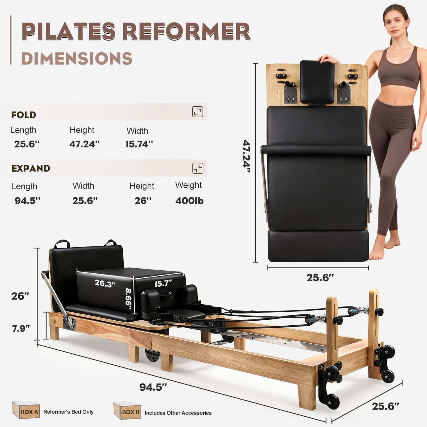Pilates Reformer Machine, Foldable Oak Wood Pilates Reformer, Studio-Grade Pilates Equipment, 5-Spring Resistance Pilates Trainer, Home Gym Pilates Machine, Full Body Workout Pilates Reformer