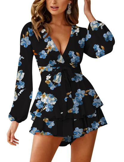 AIMCOO Women's Floral Print Deep V-Neck Romper Double Layer Ruffle Hem Jumpsuits Long Baggy Sleeves Waist Tie Short Rompers