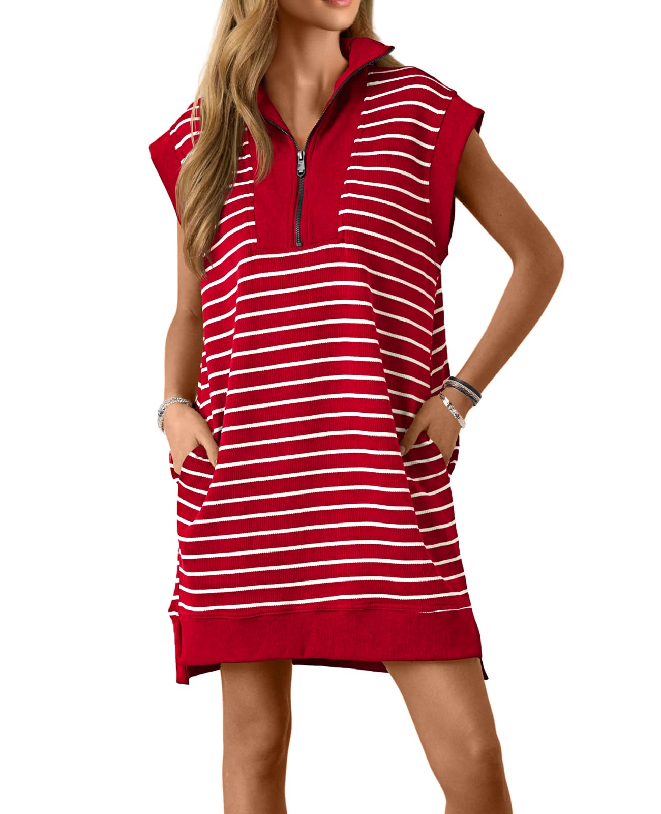 Wenrine Womens Striped Zipper Collar V Neck Loose Knit Summer Mini Dress