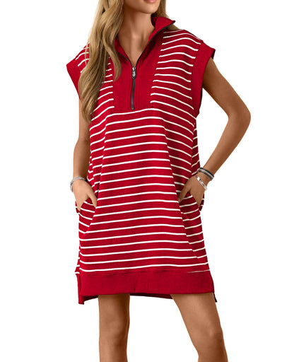 Wenrine Womens Striped Zipper Collar V Neck Loose Knit Summer Mini Dress