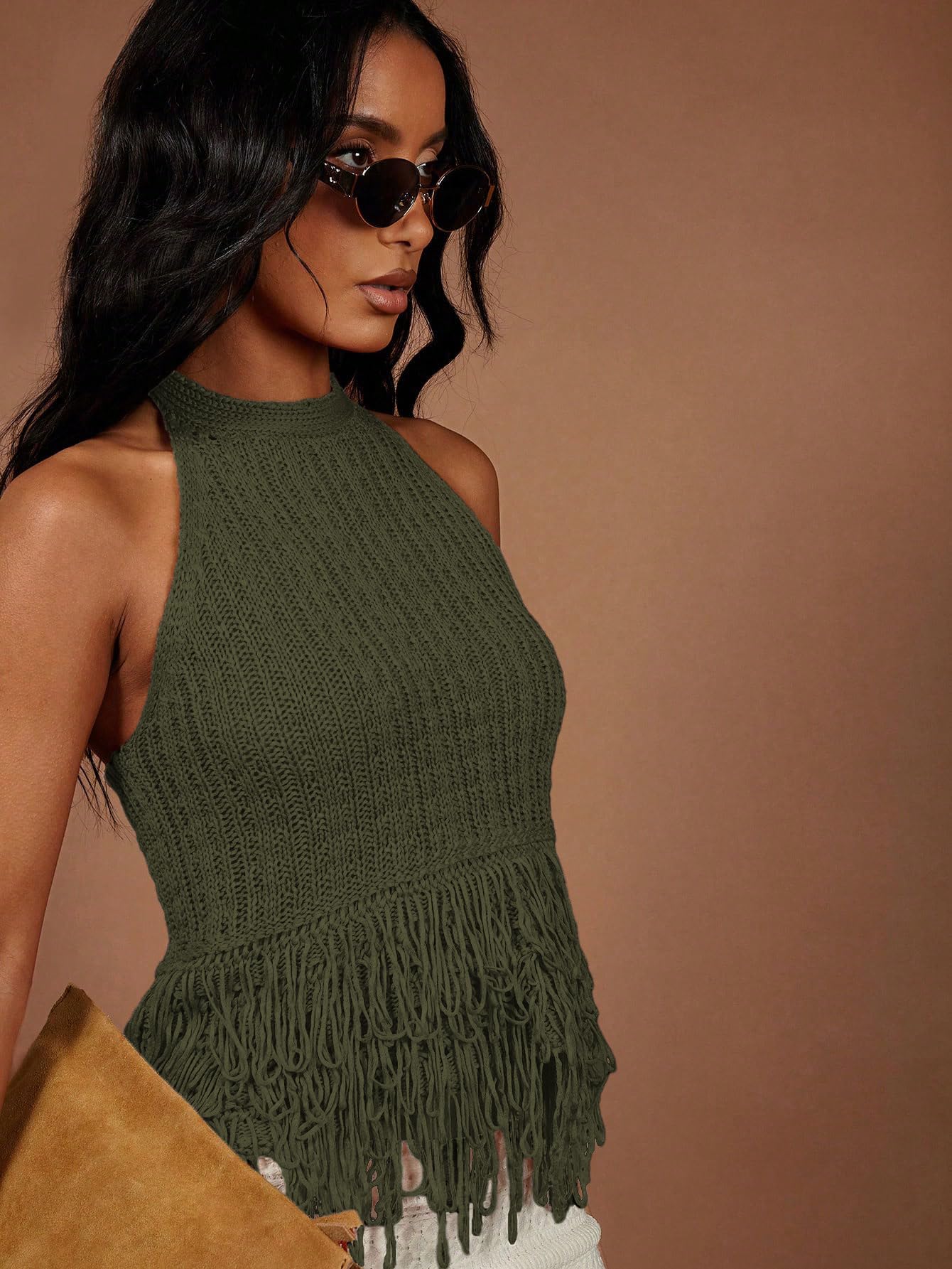 SweatyRocks Women's Boho Fringe Halter Tops Sleeveless Open Back Summer Knit Crochet Tank Top