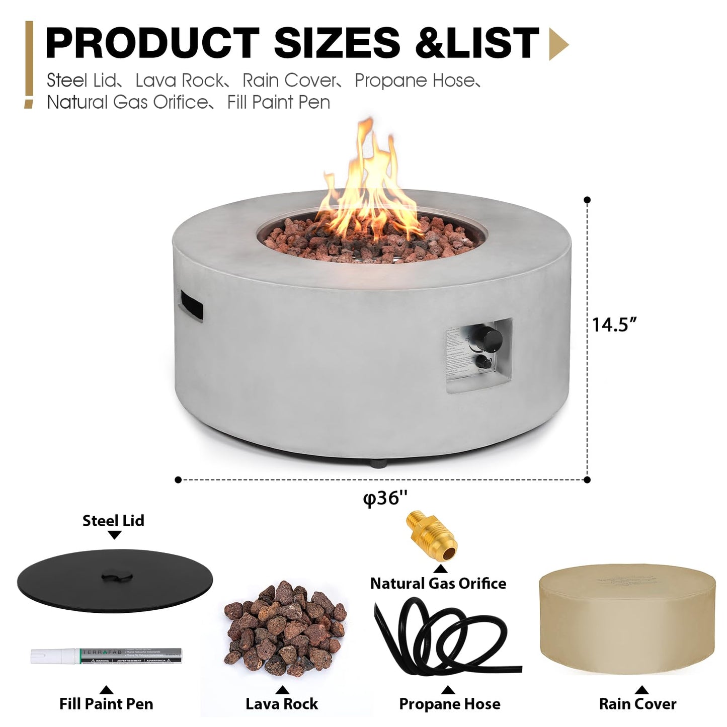 31.5 Inch Round Propane Fire Pit Table - Concrete Round Fire Bowl 50,000 BTU Natural Gas Firepit Burner with Steel Lid, Lava Rocks, Waterproof Cover for Outside Patio, Backyard, Party