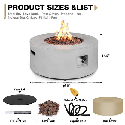 31.5 Inch Round Propane Fire Pit Table - Concrete Round Fire Bowl 50,000 BTU Natural Gas Firepit Burner with Steel Lid, Lava Rocks, Waterproof Cover for Outside Patio, Backyard, Party