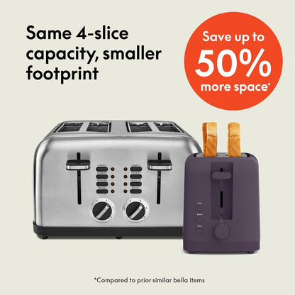 bella 2 Slice Slim Toaster, Fits-anywhere™ Kitchenware, 6 Setting Shade Control with Reheat & Cancel Buttons, Fits sourdough, 10” Long Slot, Anti Jam & Auto Shutoff, 900 Watt, Blossom