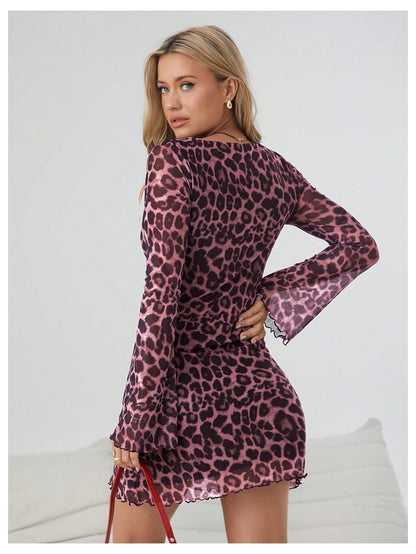 Milumia Women's Leopard Mini Dress Y2k Bell Long Sleeve Going Out Dresses