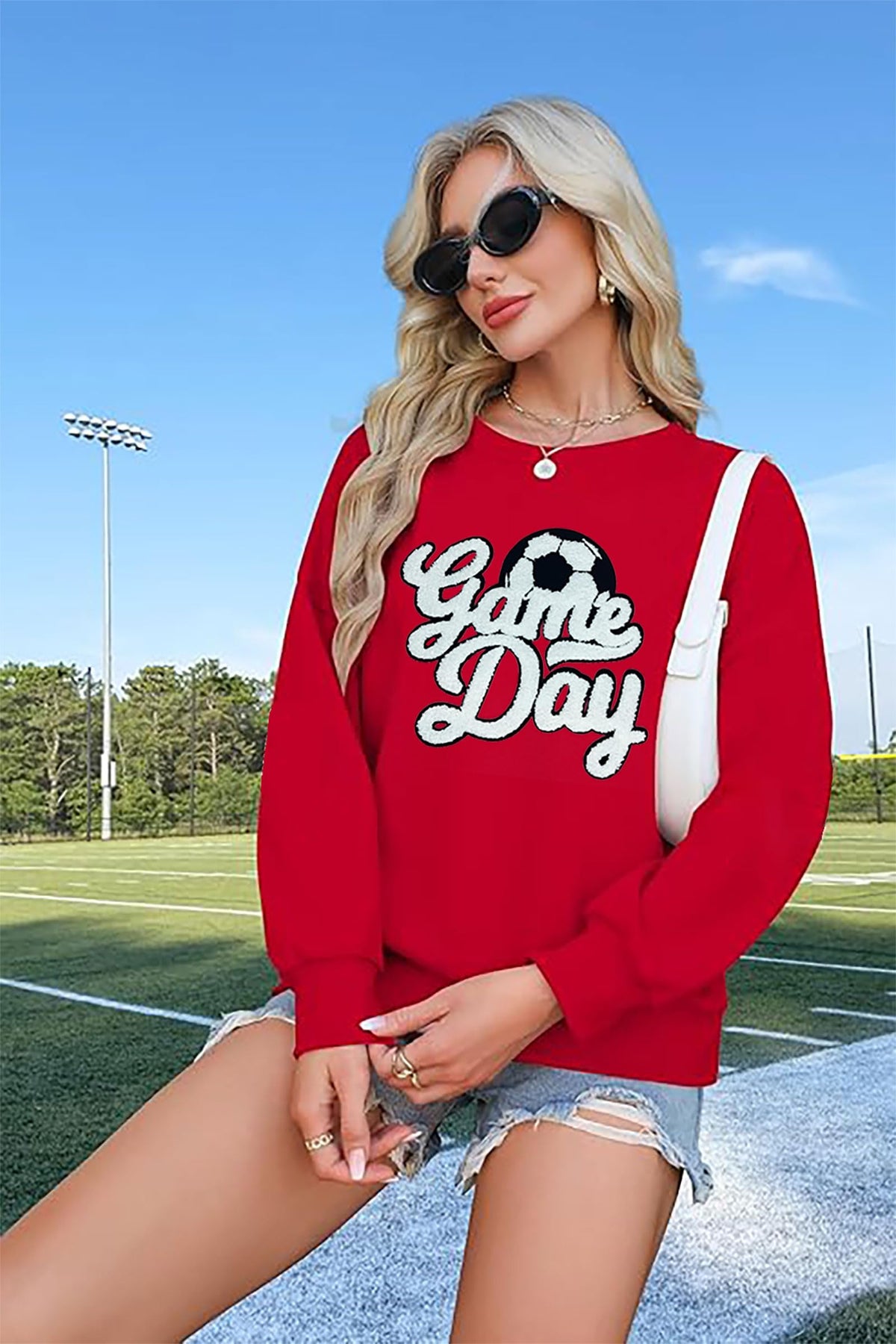 Game Day Soccer Sweatshirt Women Soccer Season Chenille Patch Pullover Top Causal Long Sleeve Football Top