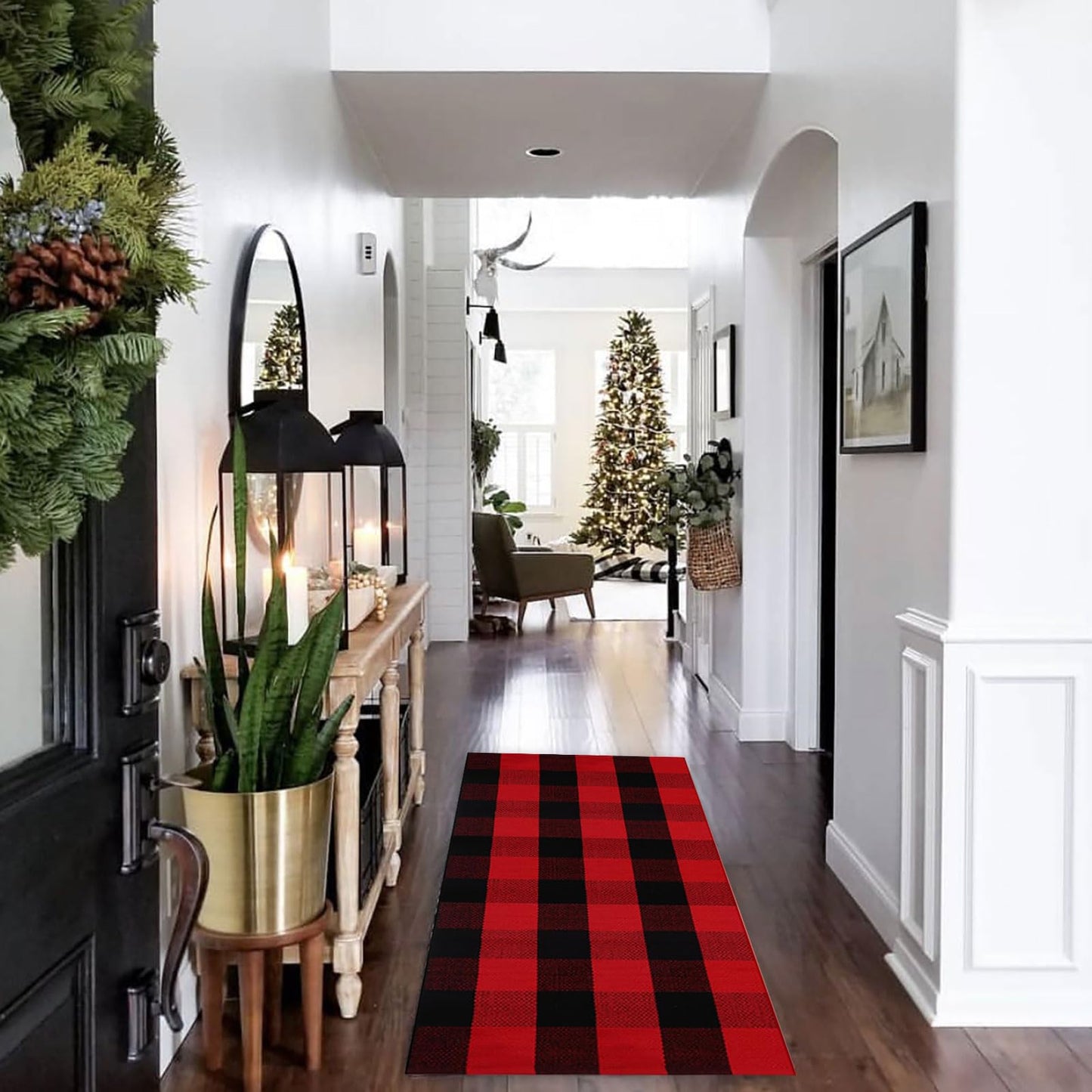 Christmas Door Mat Outdoor 35.4''x59'' Buffalo Plaid Christmas Decor Rug Cotton Hand-Woven Layered Door Mats Washable Carpet for Front Porch, Kitchen, Farmhouse, Entryway