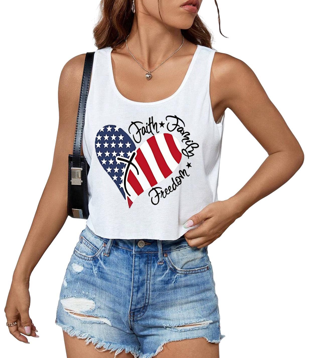 4th of July Crop Tops for Women Funny American Flag Shirts Tank Tops Outfits