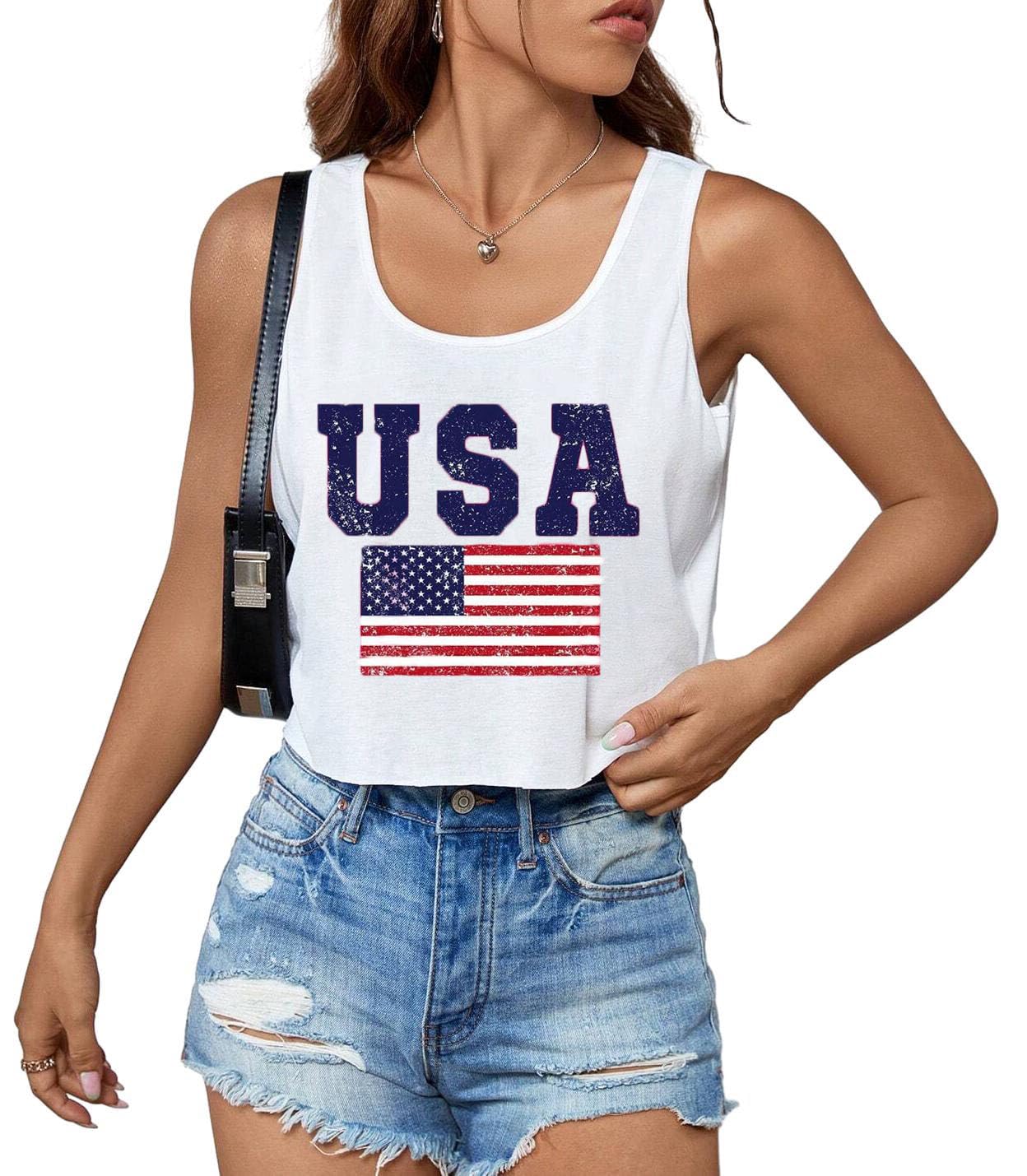 4th of July Crop Tops for Women Funny American Flag Shirts Tank Tops Outfits
