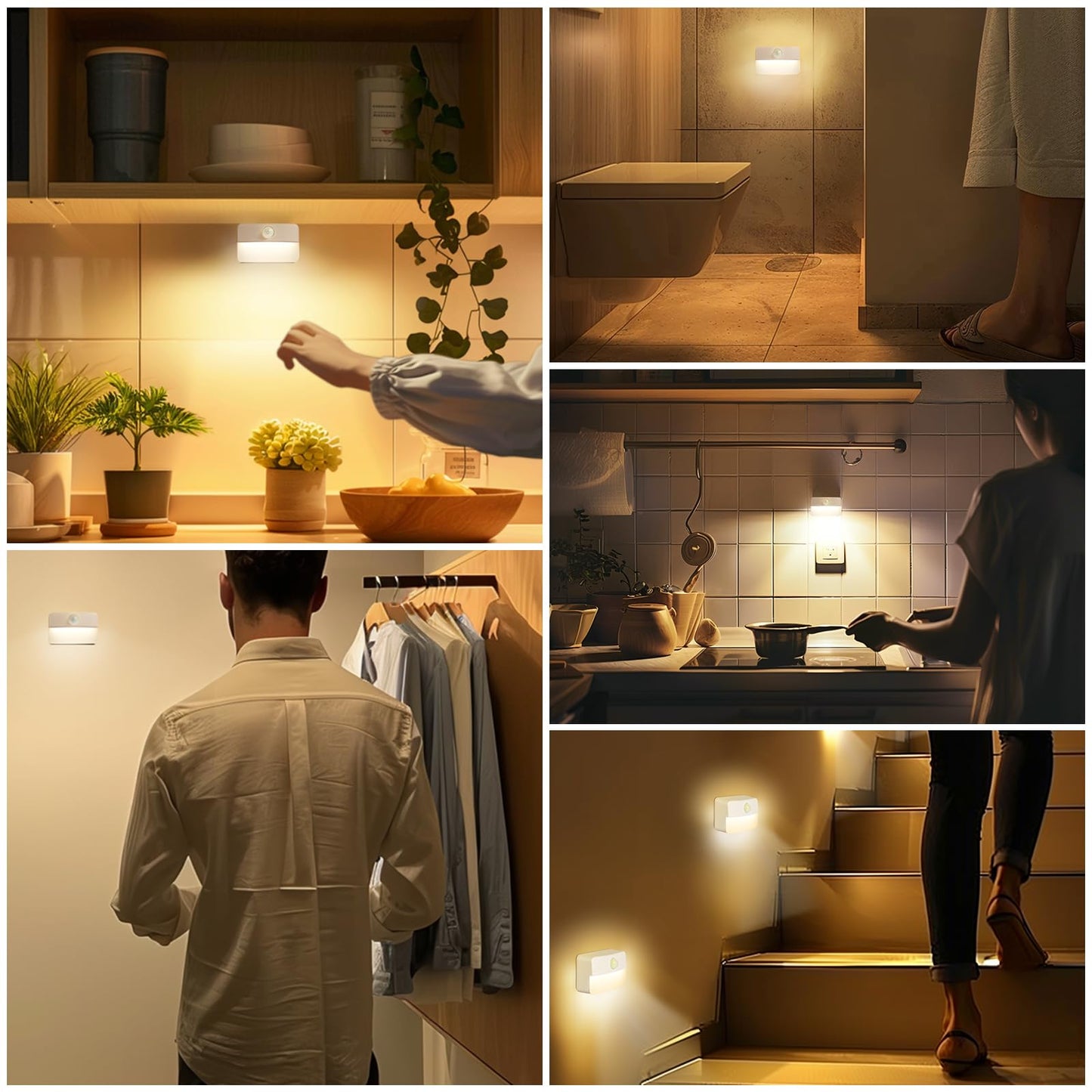 Guankai 8 Pack Motion Sensor Stair Light for Indoor, Battery Operated Closet Lights, Wireless Stick on Anywhere Hallway Lamp, Portable Led Night Lamps for Bedroom Under Cabinet Kitchen