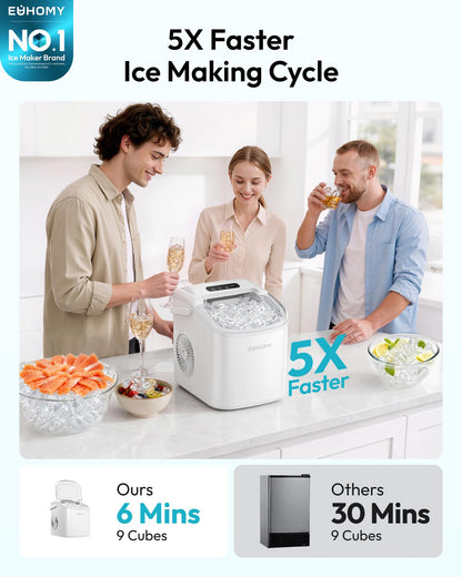 EUHOMY Countertop Ice Maker Machine with Handle, 26lbs in 24Hrs, 9 Ice Cubes Ready in 6 Mins, Auto-Cleaning Portable Ice Maker with Basket and Scoop, for Home/Kitchen/Camping/RV. (Black)