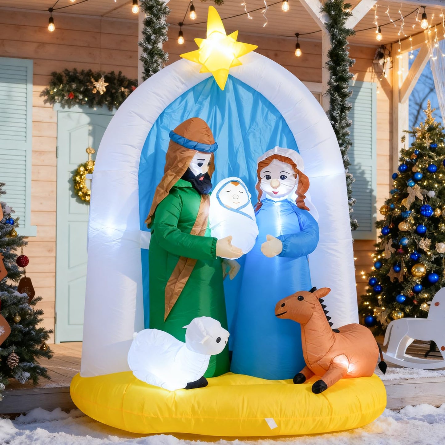 TRMESIA 8 Feet Jesus Birth Decoration Indoor Outdoor Inflatable Nativity Scene with LED Lights, Christmas Garden Lawn Decoration, Blow up Xmas Decor, Holiday Celebrations and Parties