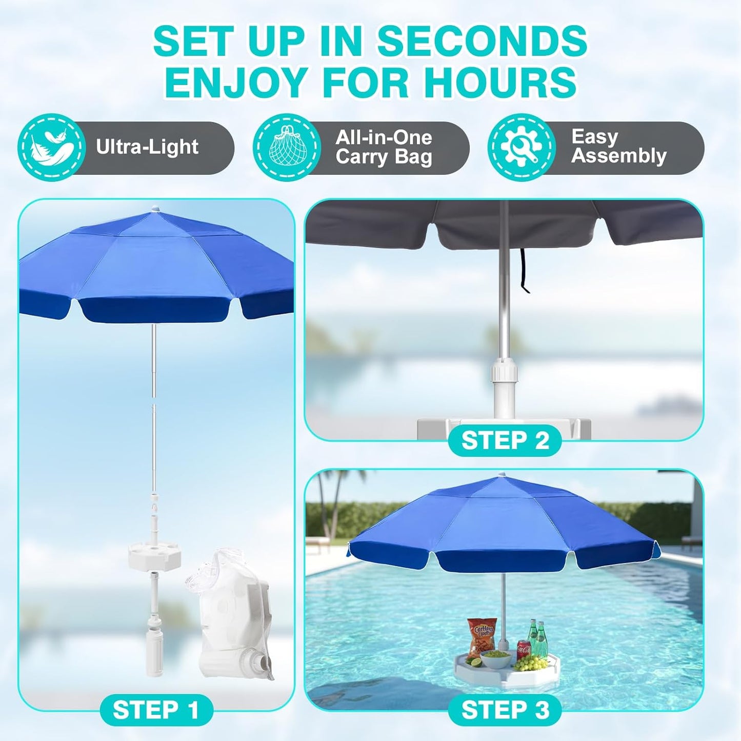 Floating Pool Umbrella - 7ft, Outdoor Floating Umbrella for Inside of Pool with Weighted Base, 4 Cupholders Floating Table with Sun Shade, No-Tools Setup for Pool, Lake & Beach