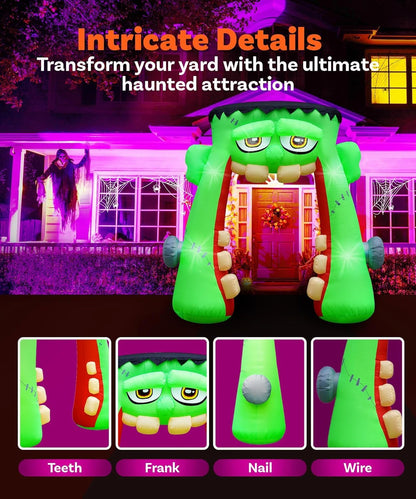 10FT Halloween Inflatable Frankenstein Archway, Halloween Monster Mouth Archway Built-in 6 LEDs for Halloween Inflatables Outdoor Decoration Blow up Frankenstein Arch for Party Haunted House