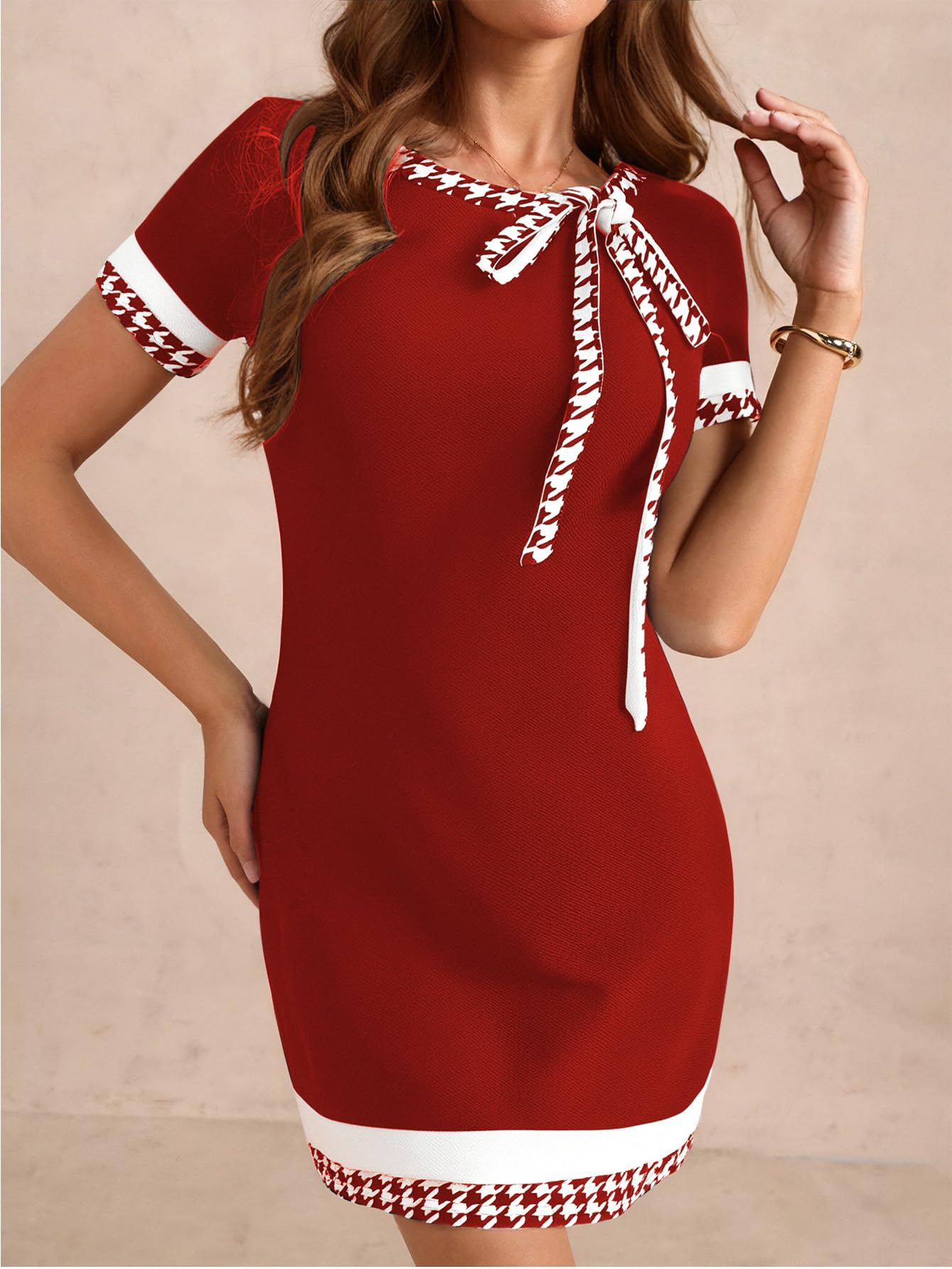 Women's Houndstooth Print Tie Front Dress