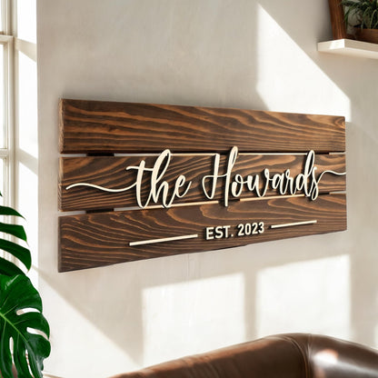 Wooden Name Sign Personalized and Custom, Solid Rustic Wood, Wedding Gifts for Couples, Home, Office, Family Last Name Established Signs, Est. Date Sign 28x13" (Large)