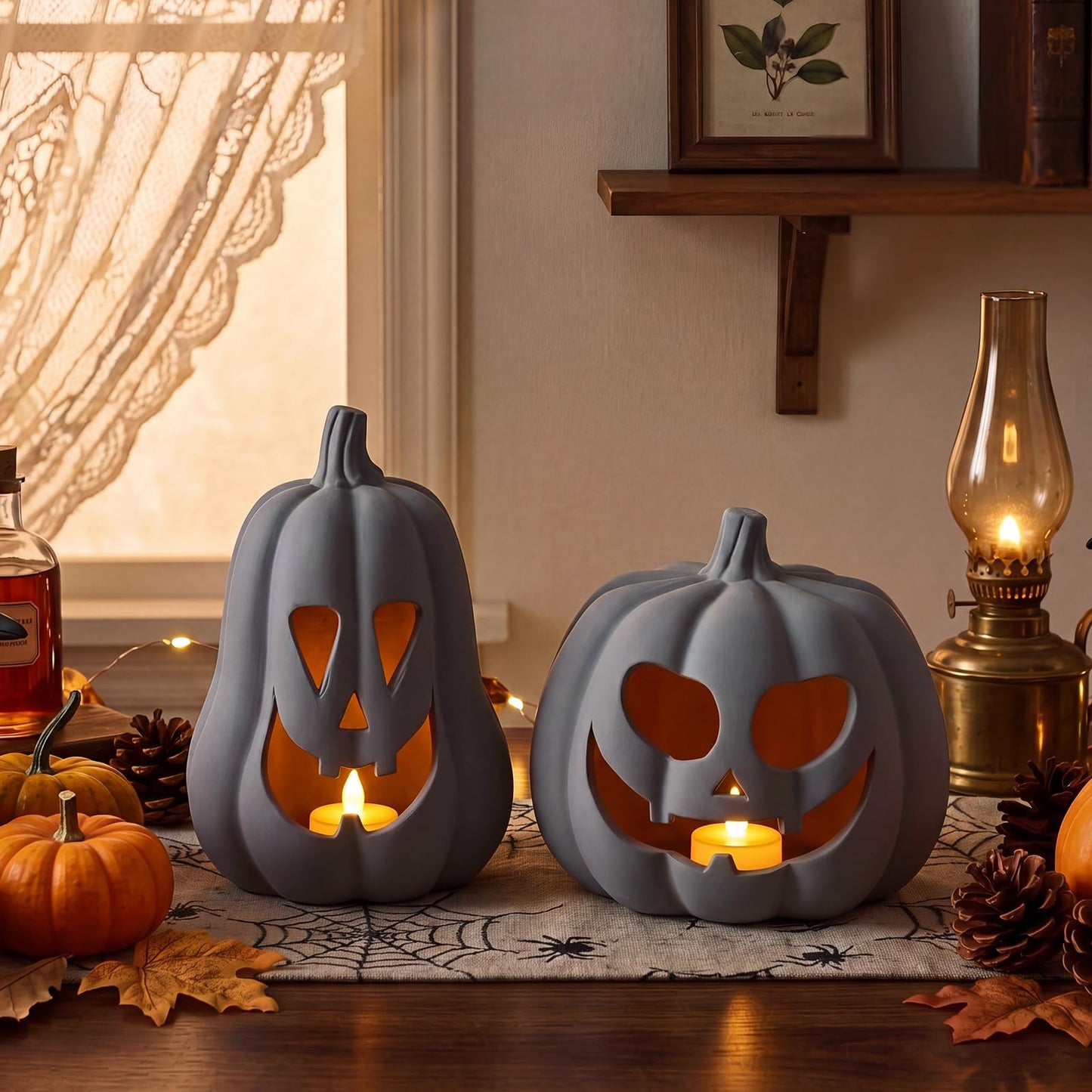 Tioncy 2 Pack Fall Decor Halloween Decorations Terracotta Pumpkin Decoration Handmade Clay Pumpkin Jack-o-Lantern Halloween Tealight Holder Rustic Farmhouse Fall Home Decor for Table(Orange)