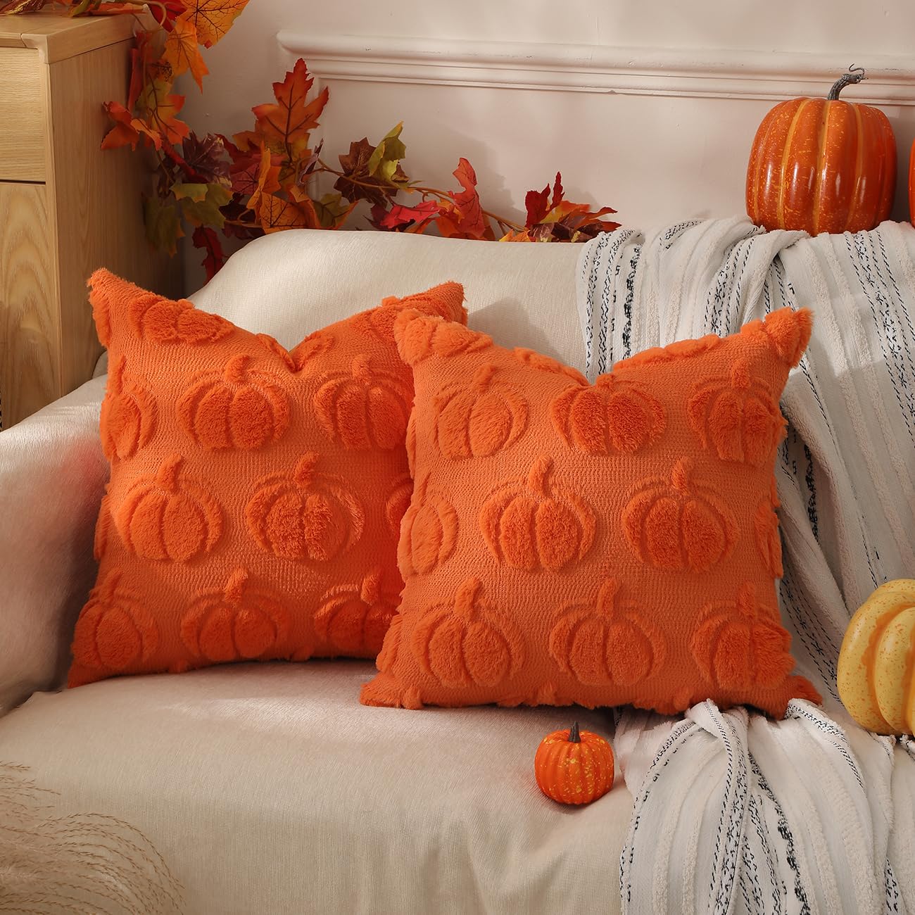 TOYPOPOR Halloween Decorations, 2 Packs Double Sided Ghost Pillow Covers, Soft Fur Throw Pillow Cases Indoor outdoor Pumpkin Couch Cushion Case for Fall Autumn Bedroom Living Room Home Decor 18''x18''