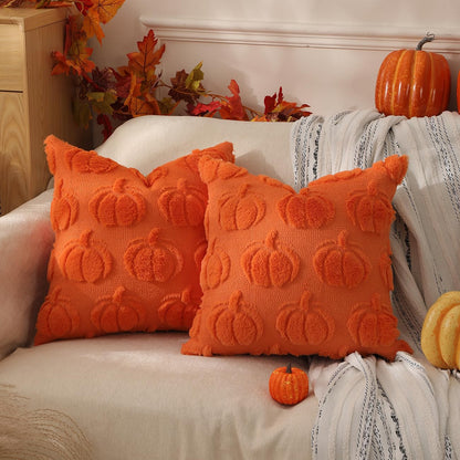 TOYPOPOR Halloween Decorations, 2 Packs Double Sided Ghost Pillow Covers, Soft Fur Throw Pillow Cases Indoor outdoor Pumpkin Couch Cushion Case for Fall Autumn Bedroom Living Room Home Decor 18''x18''