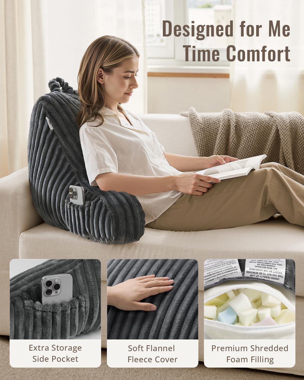 Blissful Diary Reading Pillow, Backrest Pillow with Shredded Memory Foam