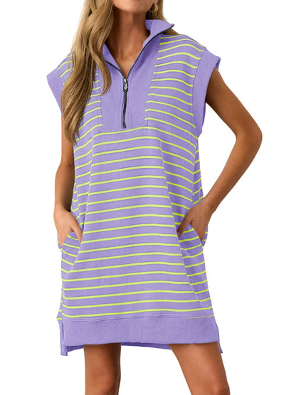 Wenrine Womens Striped Zipper Collar V Neck Loose Knit Summer Mini Dress