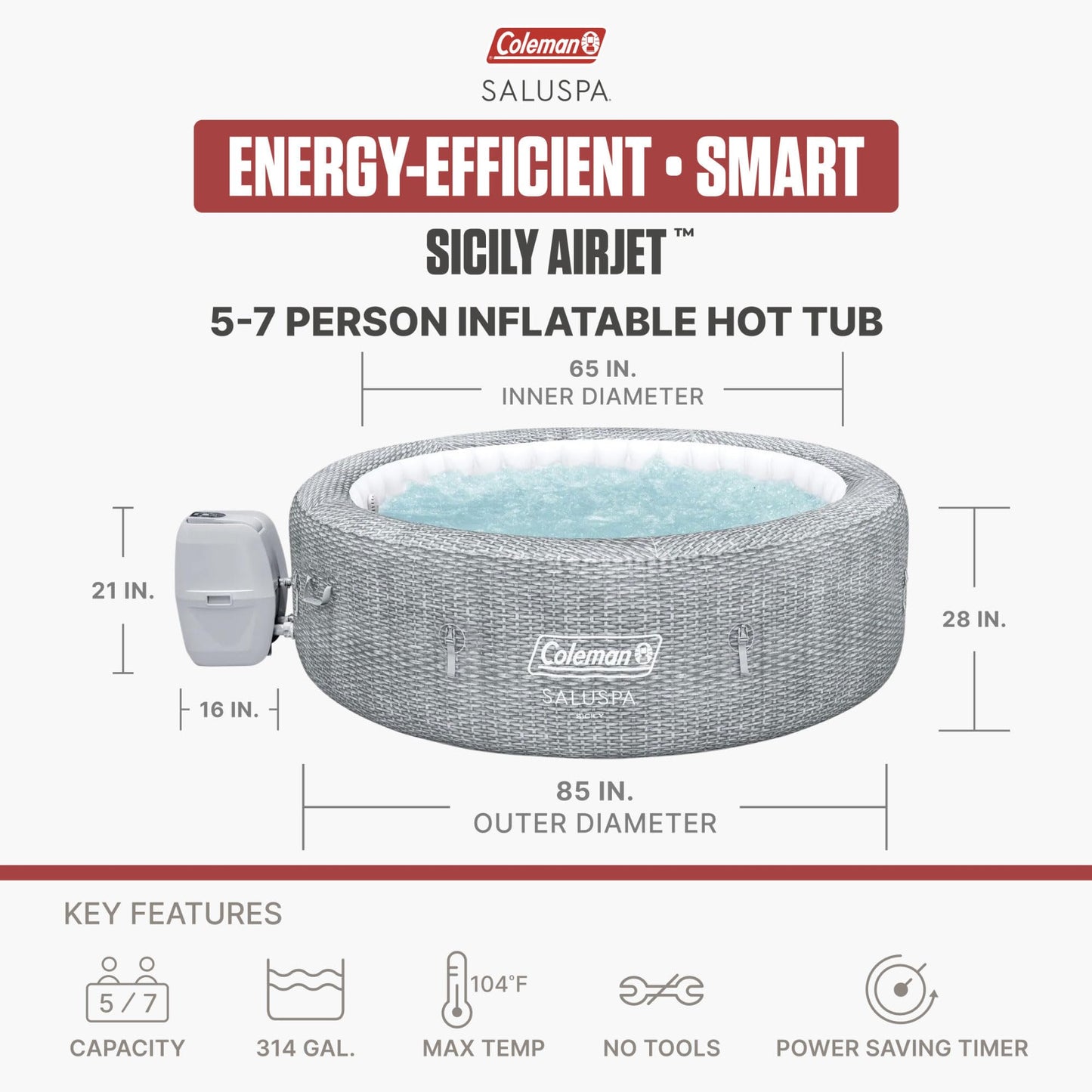 Coleman Sicily 5 to 7 Person Inflatable Hot Tub, Round Portable Outdoor Spa with 180 AirJets and EnergySense Cover, Grey, 85" x 28"
