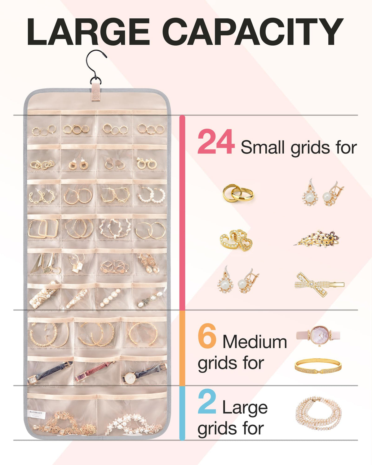 BAGSMART Hanging Jewelry Organizer Storage Roll with Hanger Metal Hooks Double-Sided Jewelry Holder for Earrings, Necklaces, Rings on Closet, Wall, Door, 1 piece, Medium, Pink